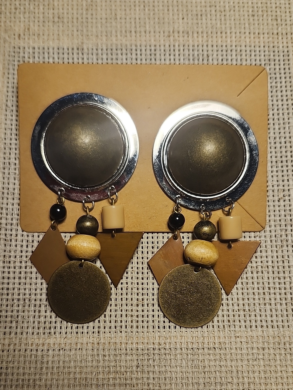 Boho Silver-Toned Geometric Drop Earrings in Brown Earth Tones